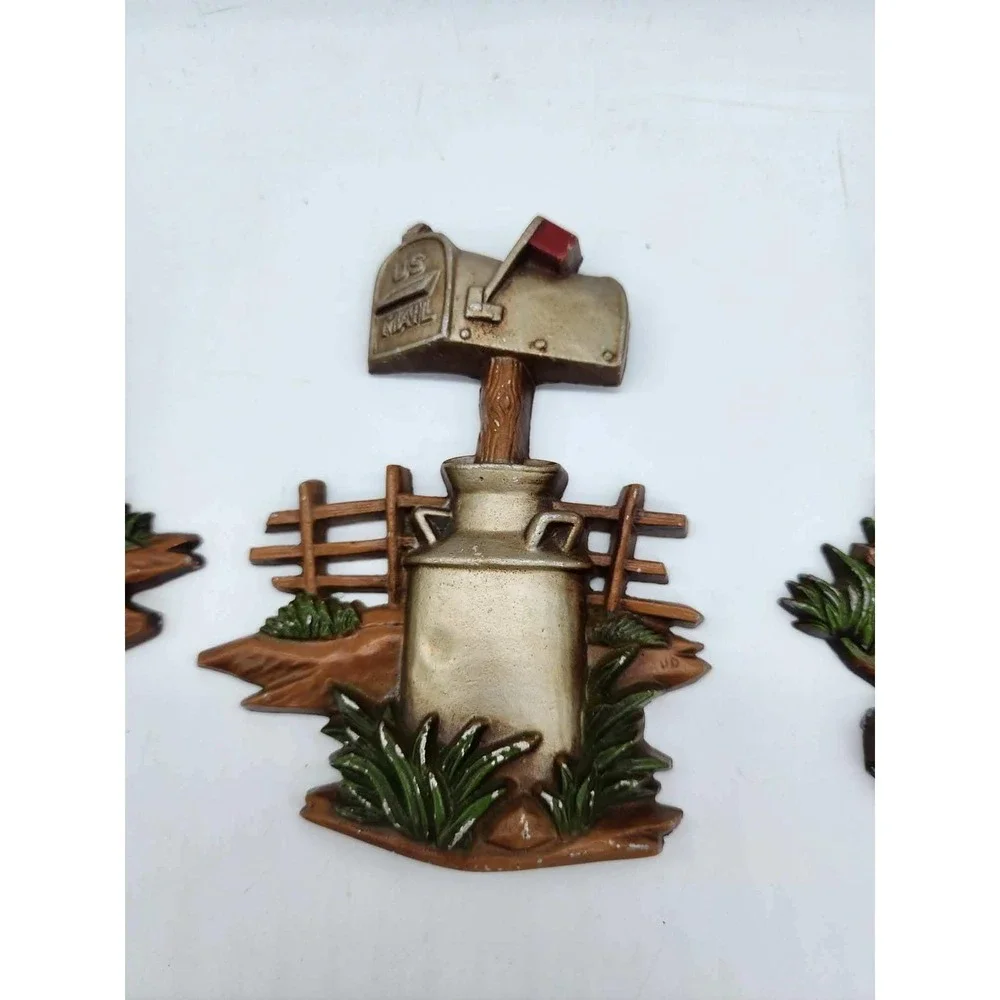 Vintage Homco Rustic Farm Wall Plaques Set of 3 Wagon Mailbox Axe Wood Stump